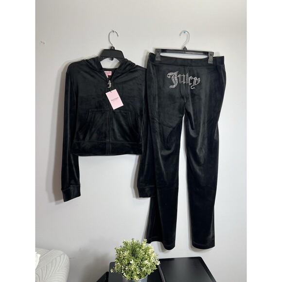 NWT JUICY COUTURE Velour Bling Tracksuit Hoodie/Pants Black Size Small Y2K - Picture 2 of 6